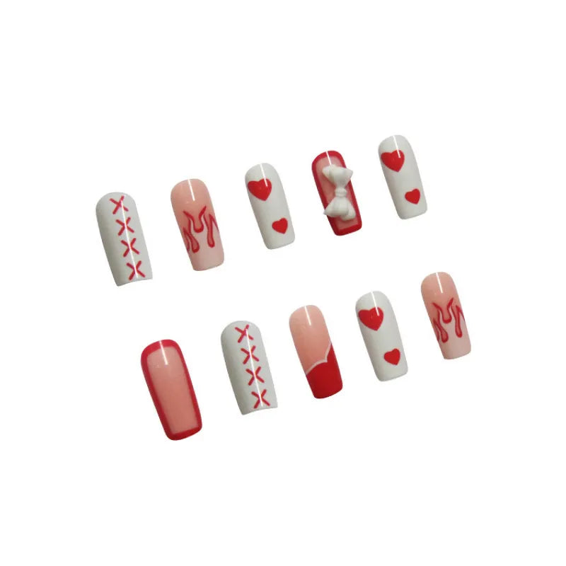 24Pcs WHITE RED HEART FLAME Press on Nails