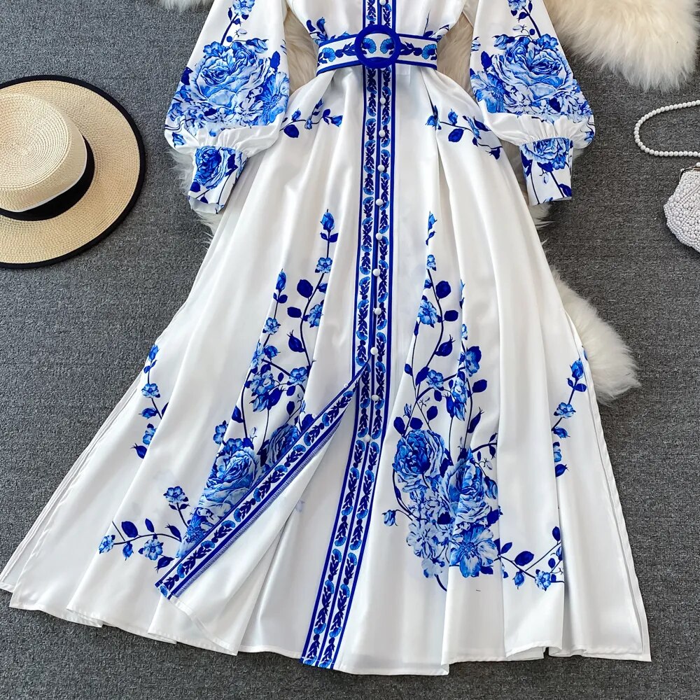 Floral Blue & White Lantern Sleeve Dress