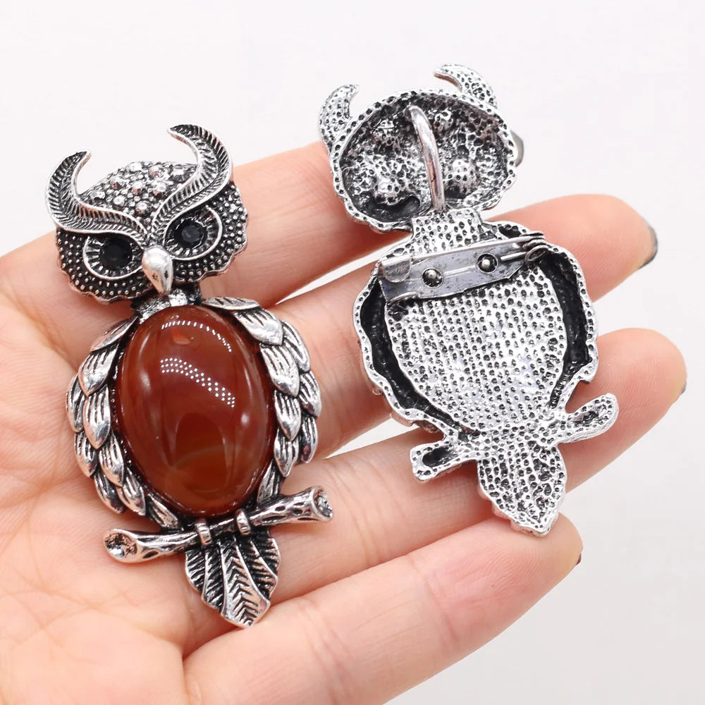 Owl Shape Natural Stone Brooch