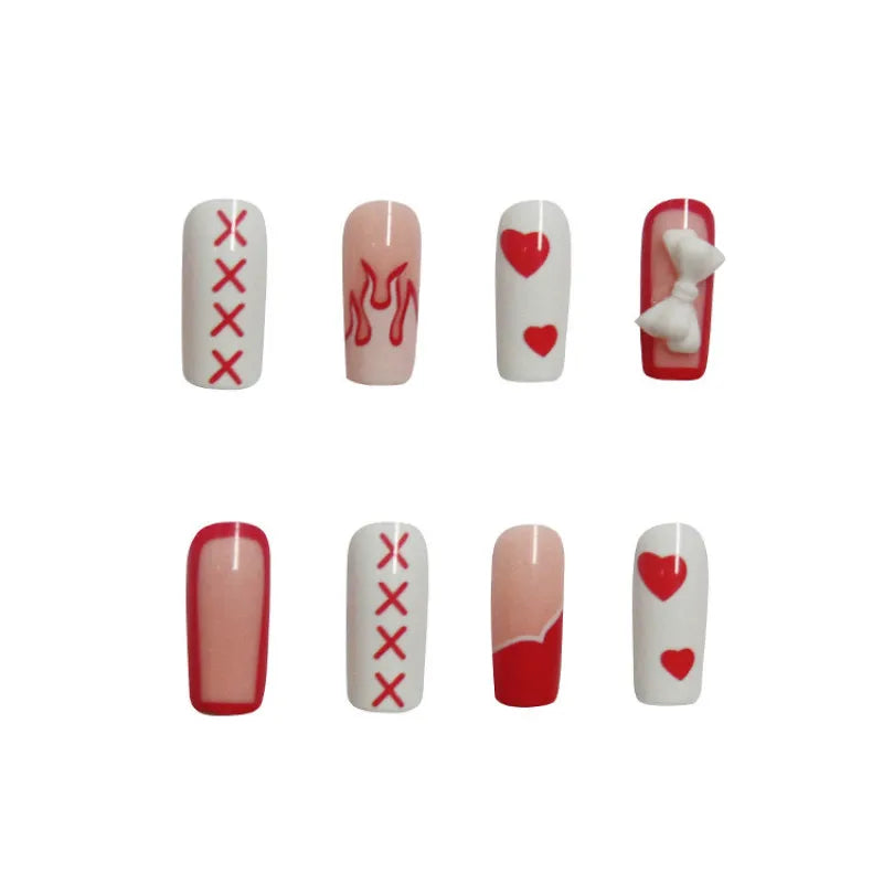 24Pcs WHITE RED HEART FLAME Press on Nails