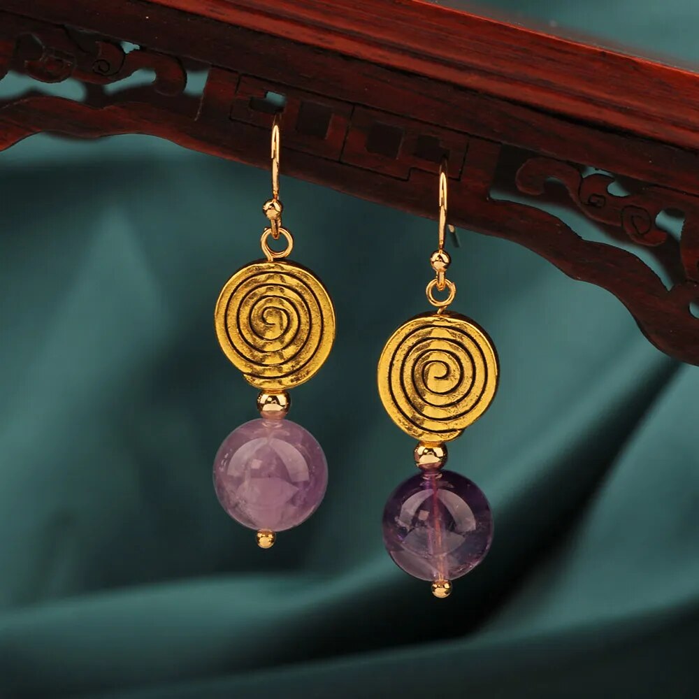 Gold Spiral & Amethyst Earrings