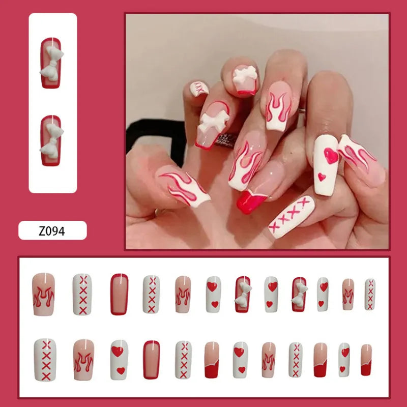 24Pcs WHITE RED HEART FLAME Press on Nails