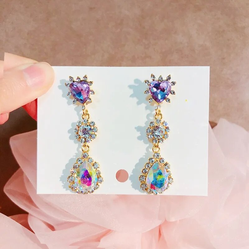 Purple Heart Waterdrop Crystal Earrings