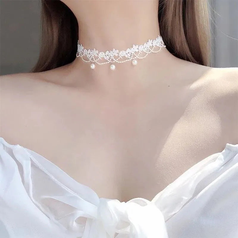 White Lace Imitation Pearl Choker Necklaces