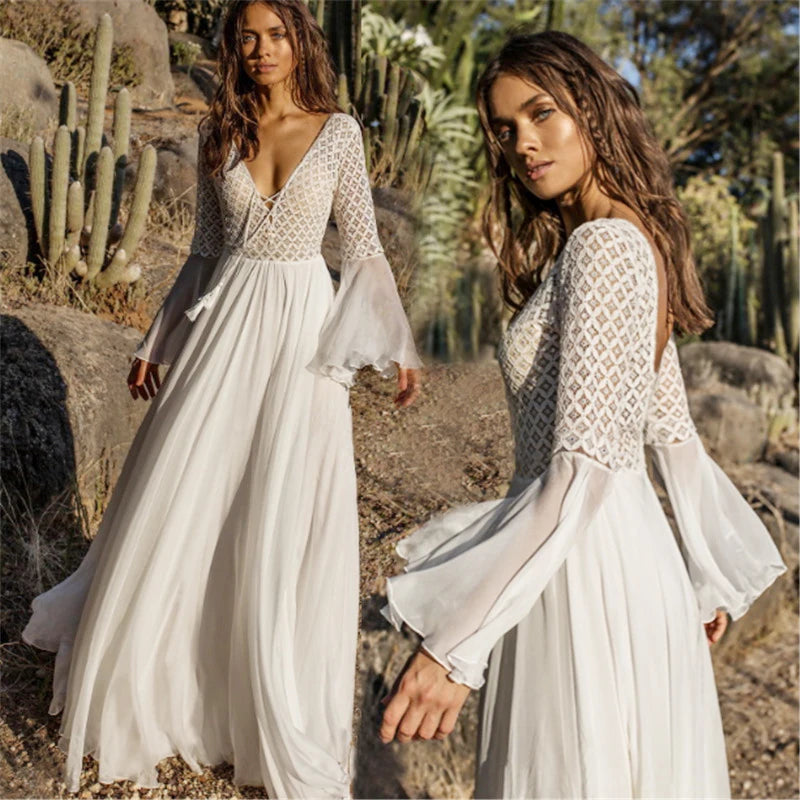 Long Flare Sleeve V Neck Boho Maxi Dress