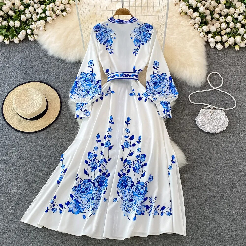 Floral Blue & White Lantern Sleeve Dress