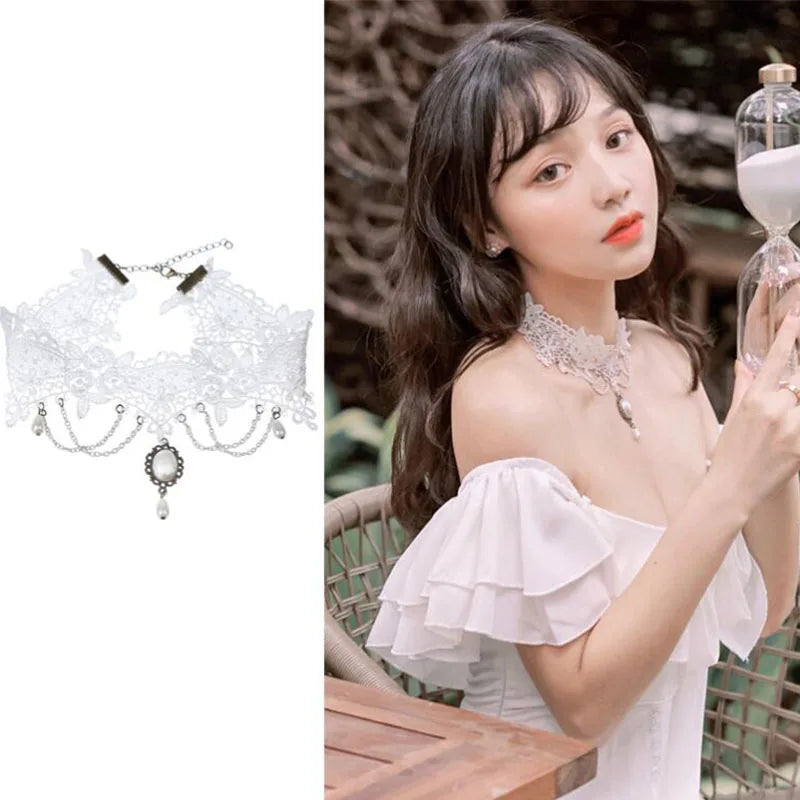 White Lace Imitation Pearl Choker Necklaces