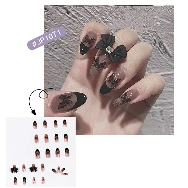 24pcs BLACK BUTTERFLY BOW Press on Nails