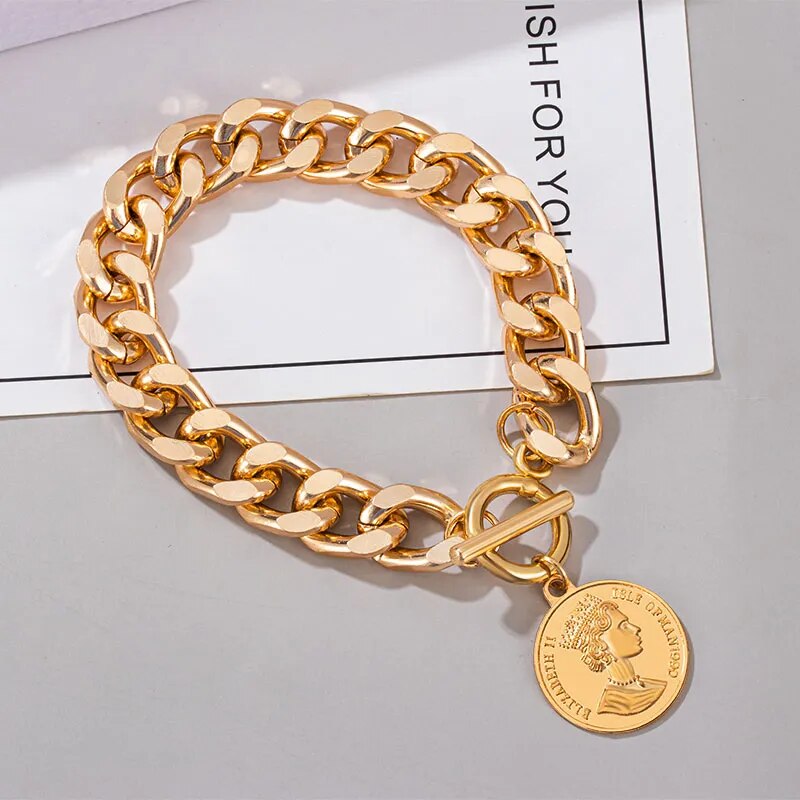 Cuban Chain + Coin Charm Bracelet