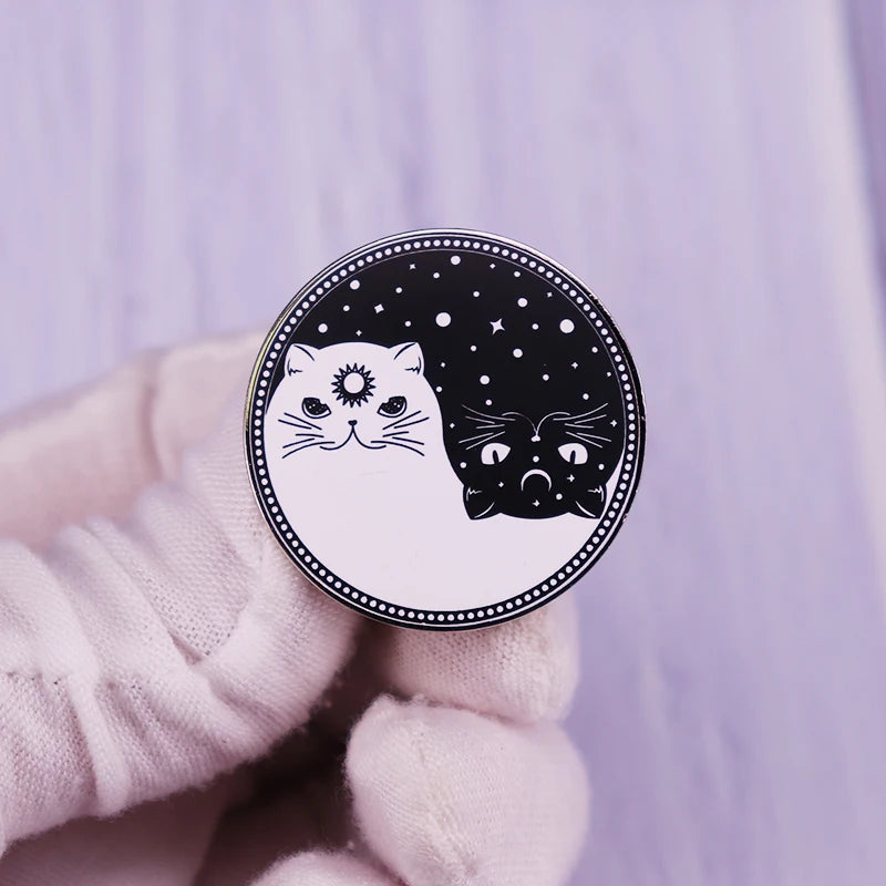 Day And Night Cats Celestial Yin Yang Enamel Brooch Pin