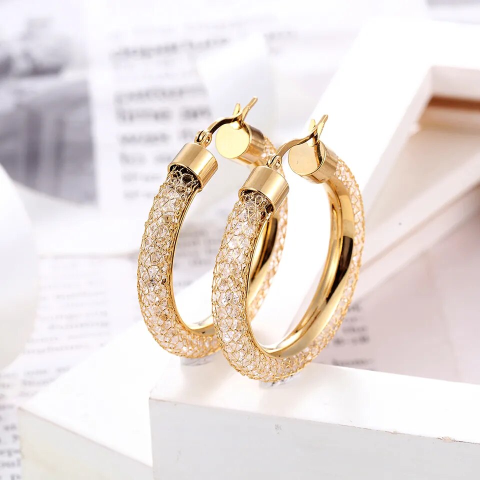 Gold Circle Tube Crystal Earrings