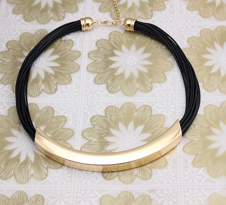 Simple Black Leather & Metal Necklace (Silver/Gold)