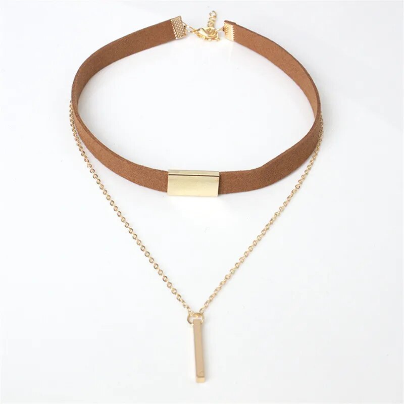 Velvet Leather & Chain Choker (Brown/Black)