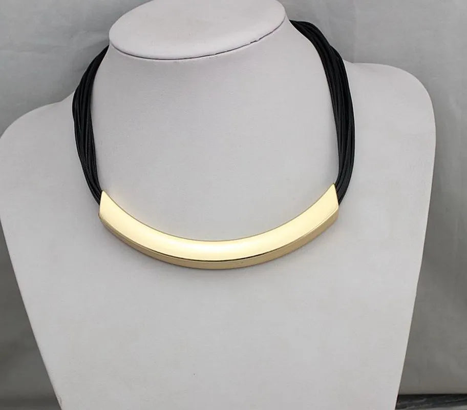 Simple Black Leather & Metal Necklace (Silver/Gold)