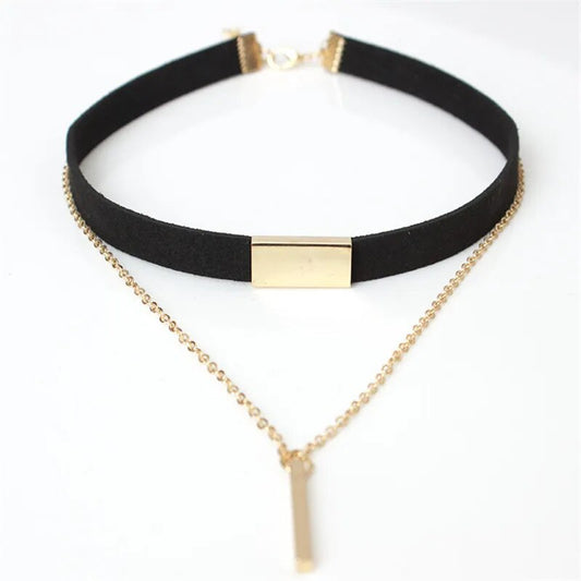 Velvet Leather & Chain Choker (Brown/Black)