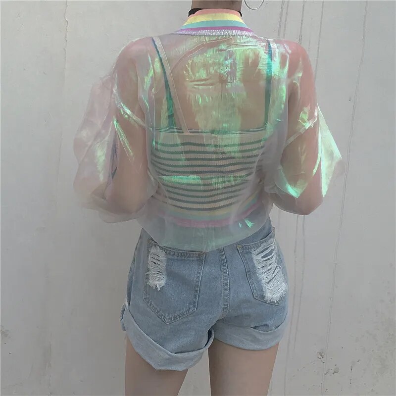 Rainbow Iridescent Transparent Bomber Jacket