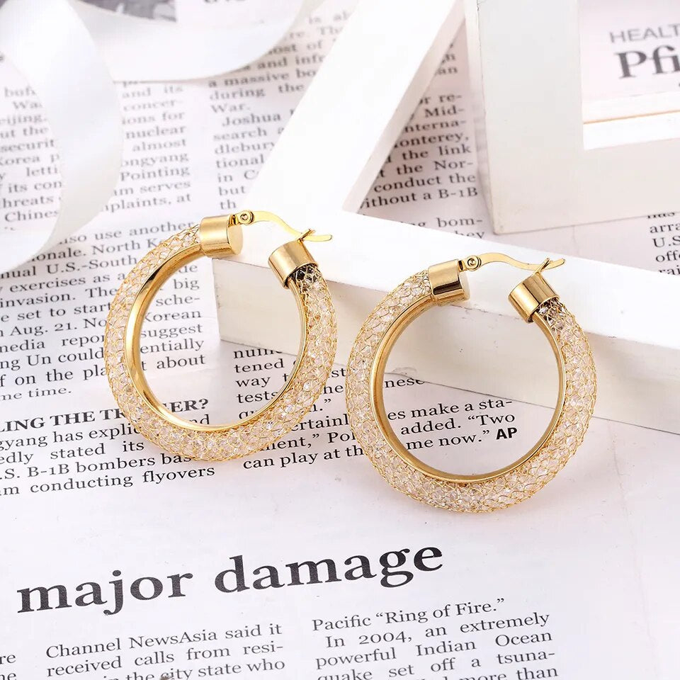 Gold Circle Tube Crystal Earrings