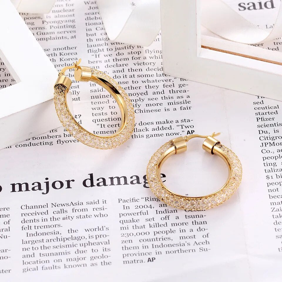 Gold Circle Tube Crystal Earrings