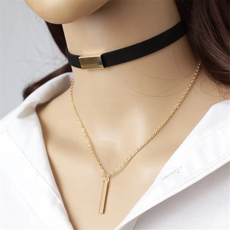 Velvet Leather & Chain Choker (Brown/Black)