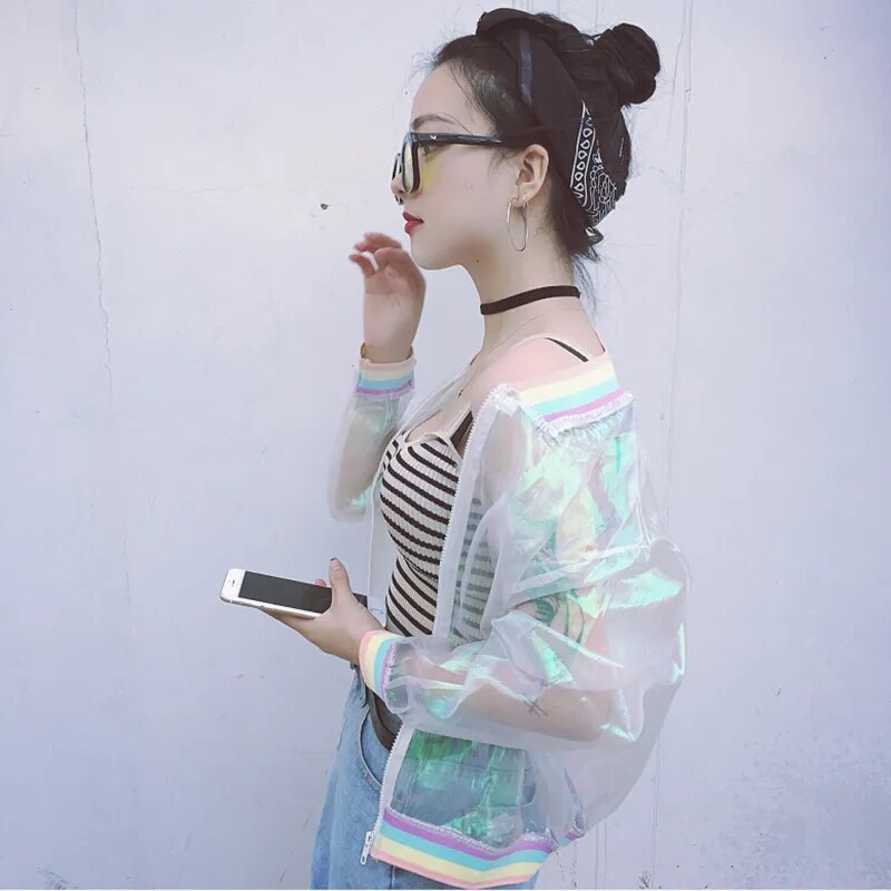 Rainbow Iridescent Transparent Bomber Jacket