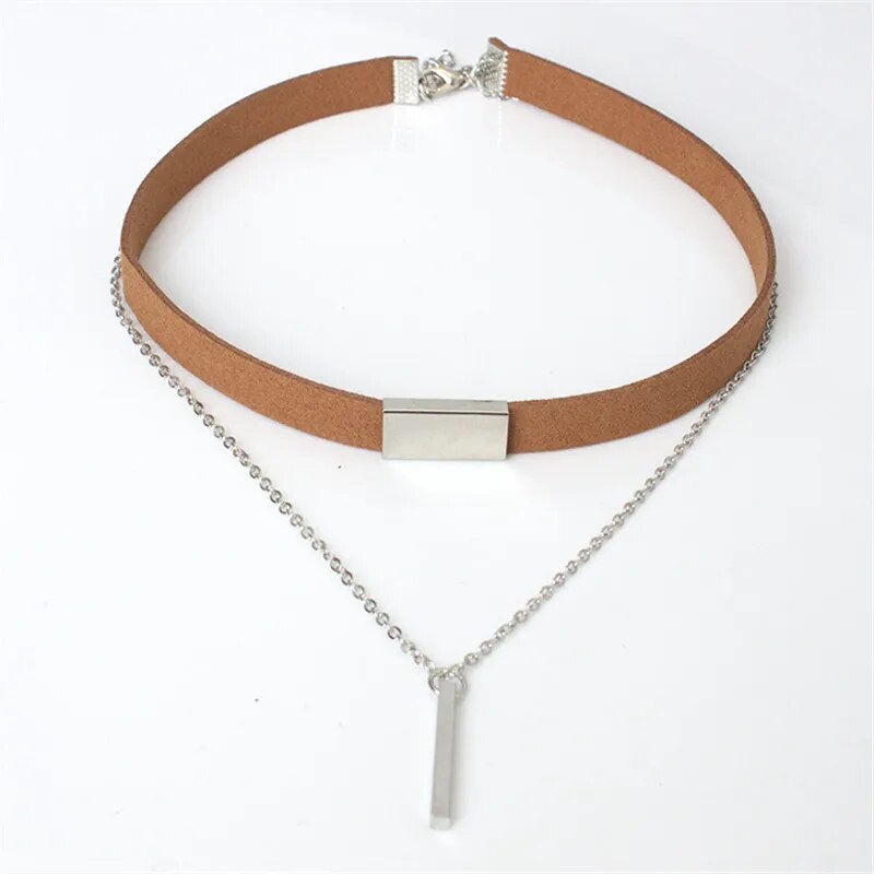 Velvet Leather & Chain Choker (Brown/Black)