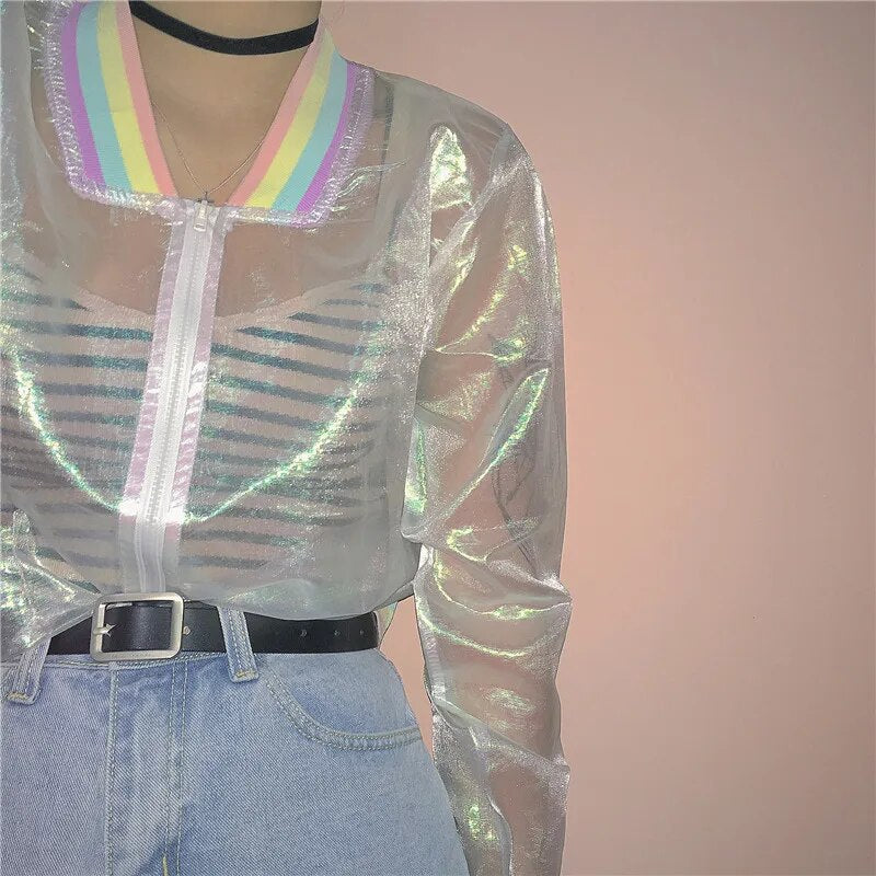 Rainbow Iridescent Transparent Bomber Jacket