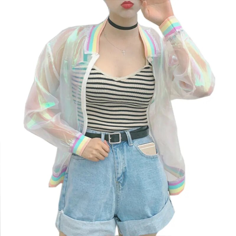 Rainbow Iridescent Transparent Bomber Jacket