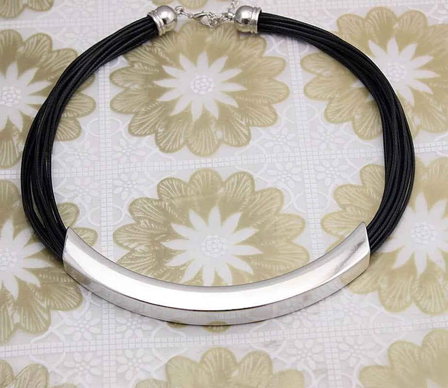 Simple Black Leather & Metal Necklace (Silver/Gold)