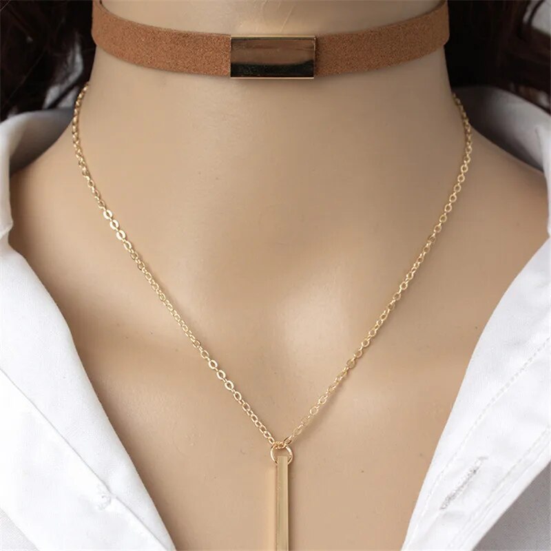 Velvet Leather & Chain Choker (Brown/Black)