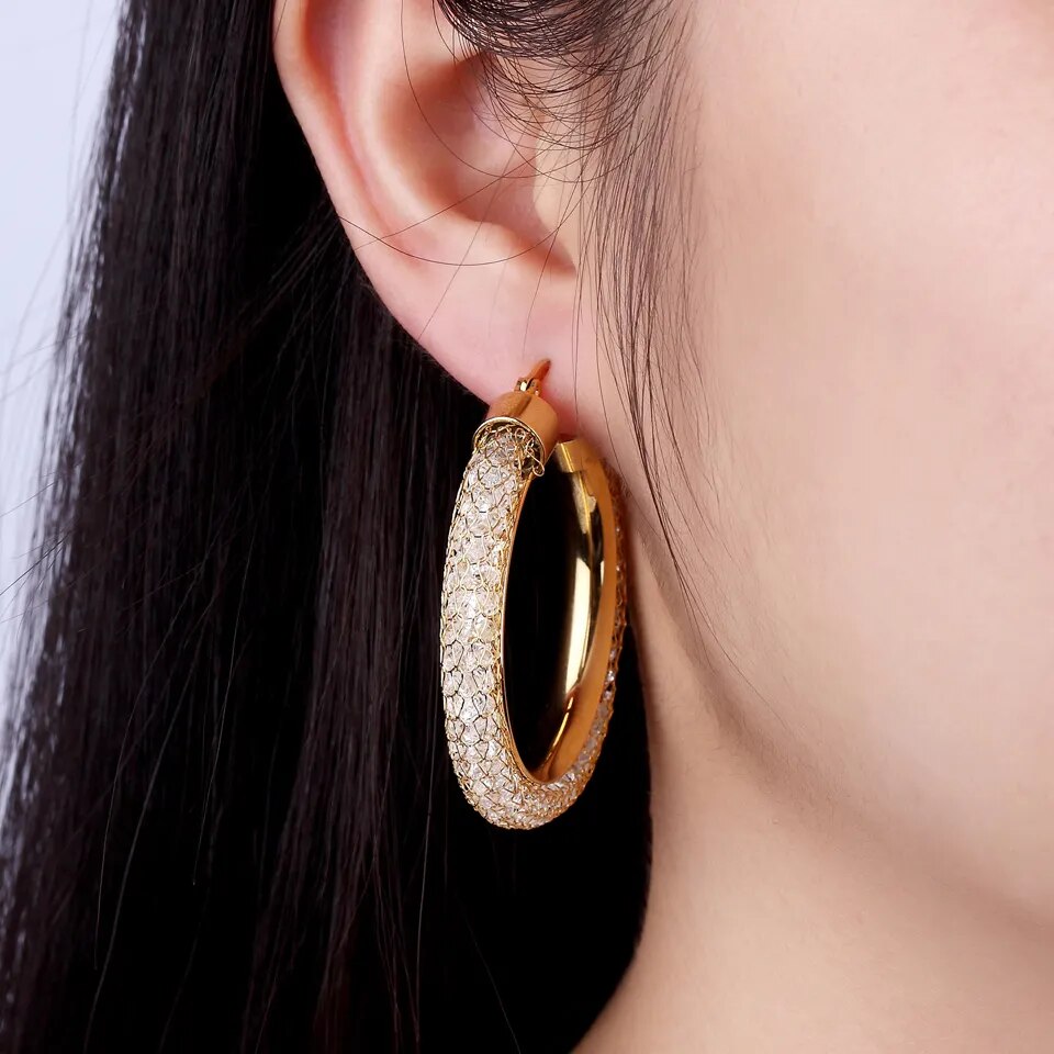 Gold Circle Tube Crystal Earrings