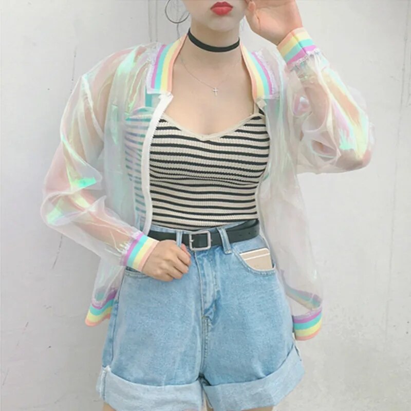 Rainbow Iridescent Transparent Bomber Jacket