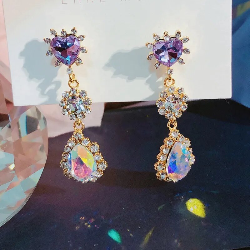 Purple Heart Waterdrop Crystal Earrings