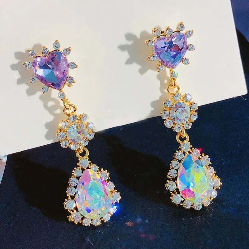 Purple Heart Waterdrop Crystal Earrings