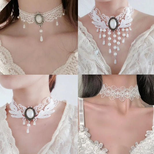 White Lace Imitation Pearl Choker Necklaces