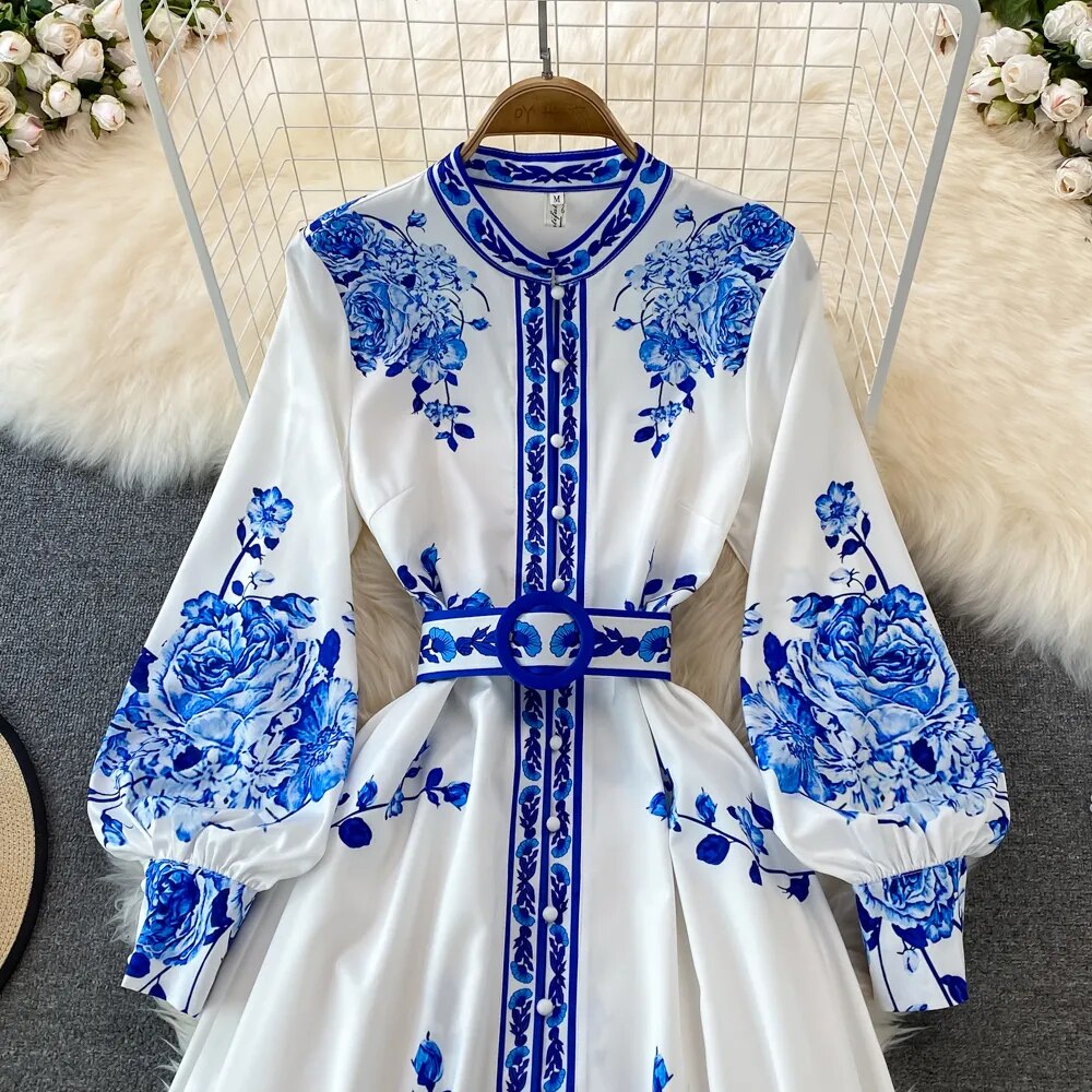 Floral Blue & White Lantern Sleeve Dress