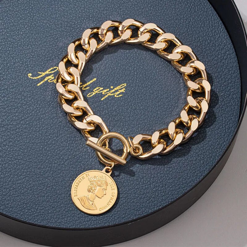 Cuban Chain + Coin Charm Bracelet