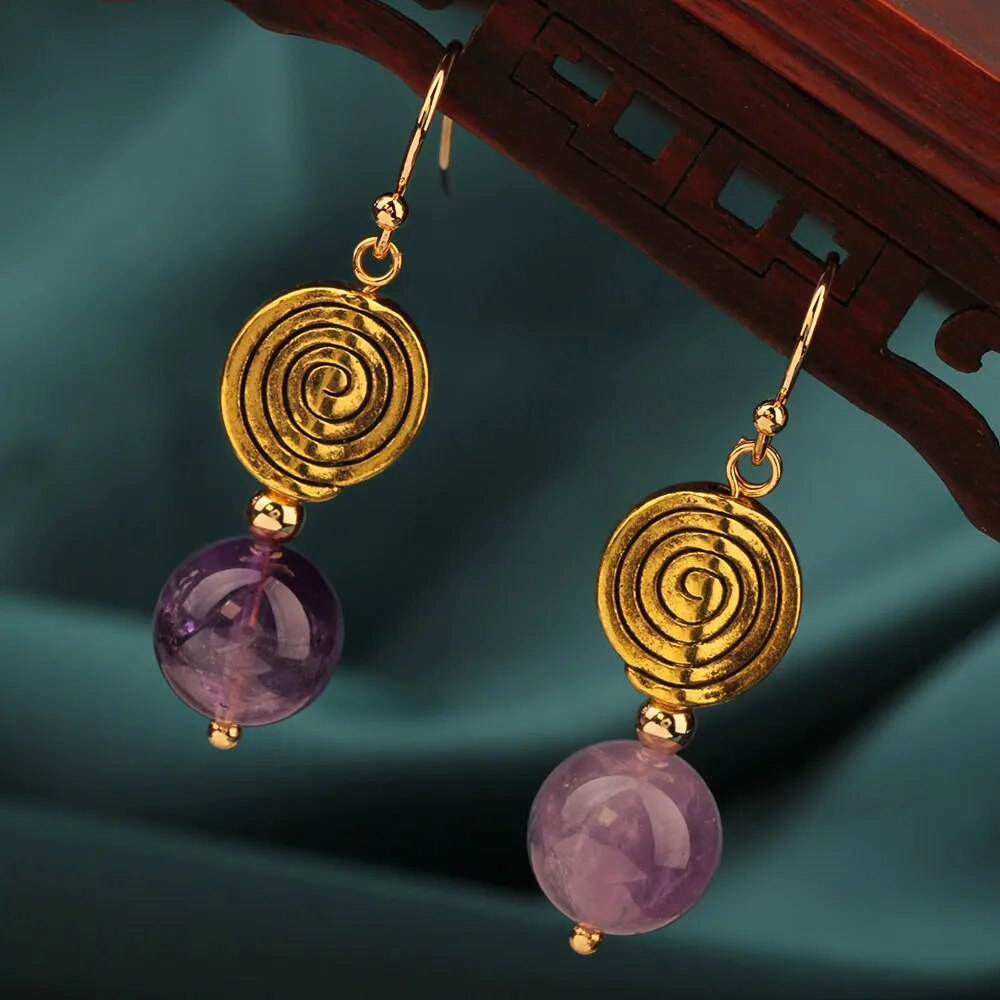 Gold Spiral & Amethyst Earrings