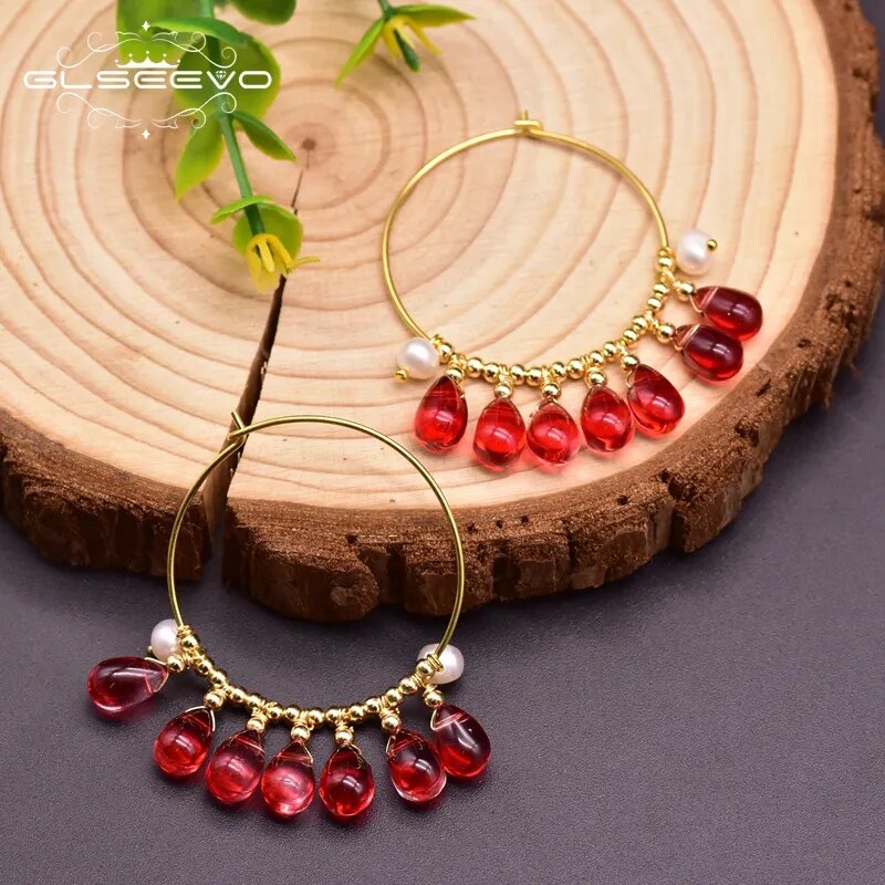 Freshwater Pearls & Red Crystal Earrings