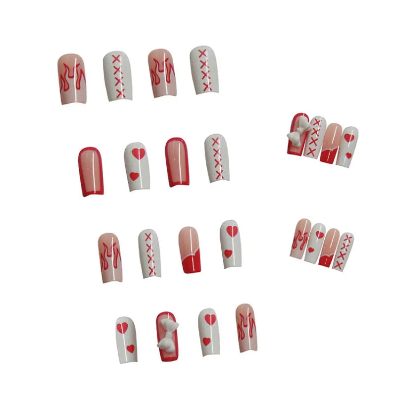 24Pcs WHITE RED HEART FLAME Press on Nails