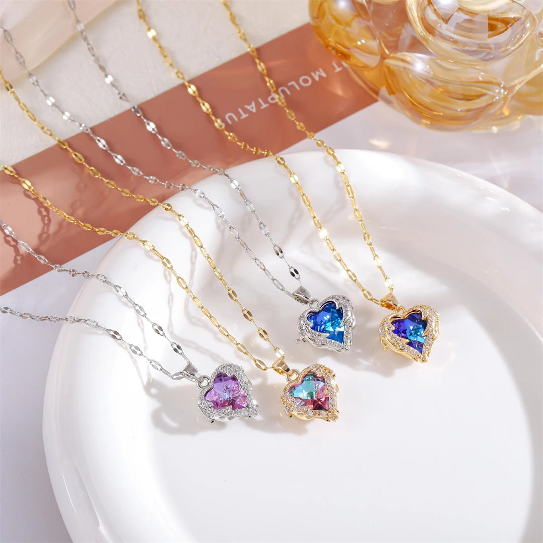 Colorful Crystal Ocean Heart Necklaces