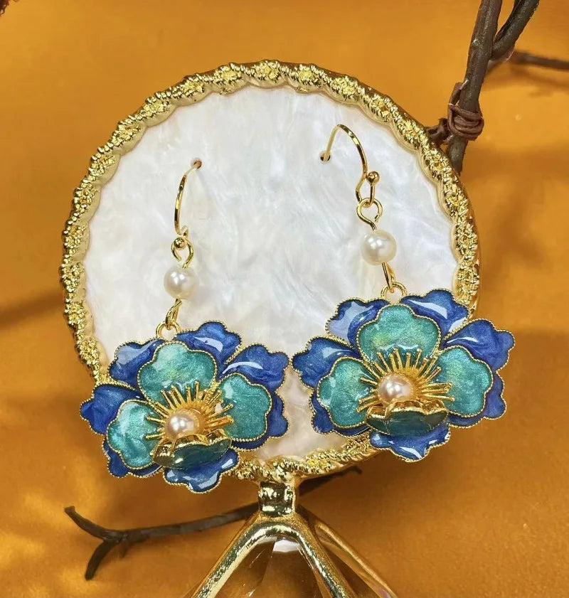 Cloisonné Enamel Vintage Flower Pearl Earrings