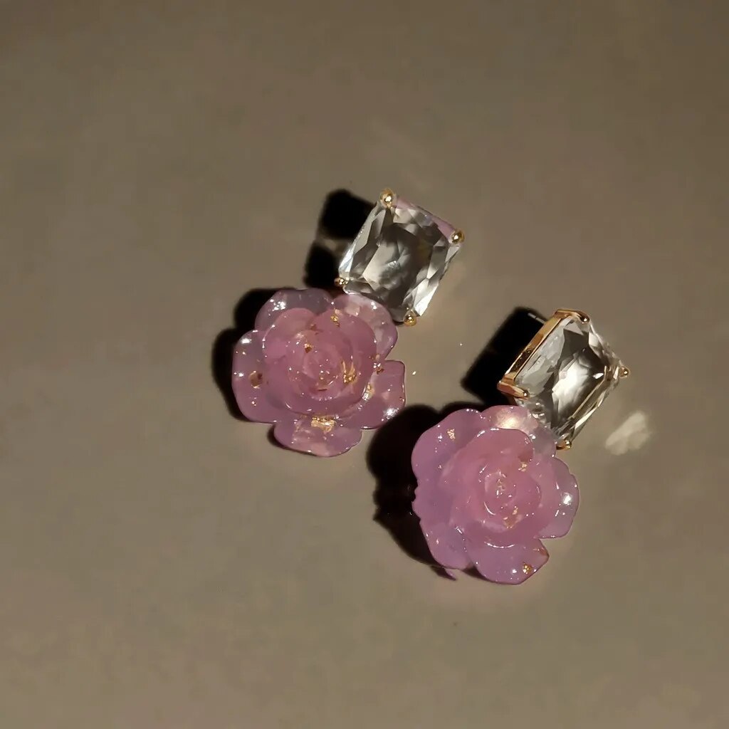 Crystal Pink Rose Earrings