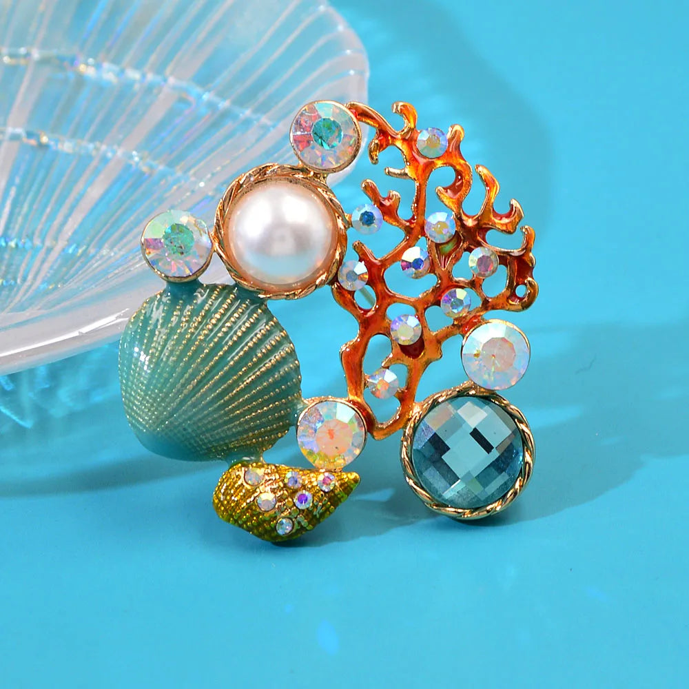 Ocean Coral Reef Pearls and Shells Brooch