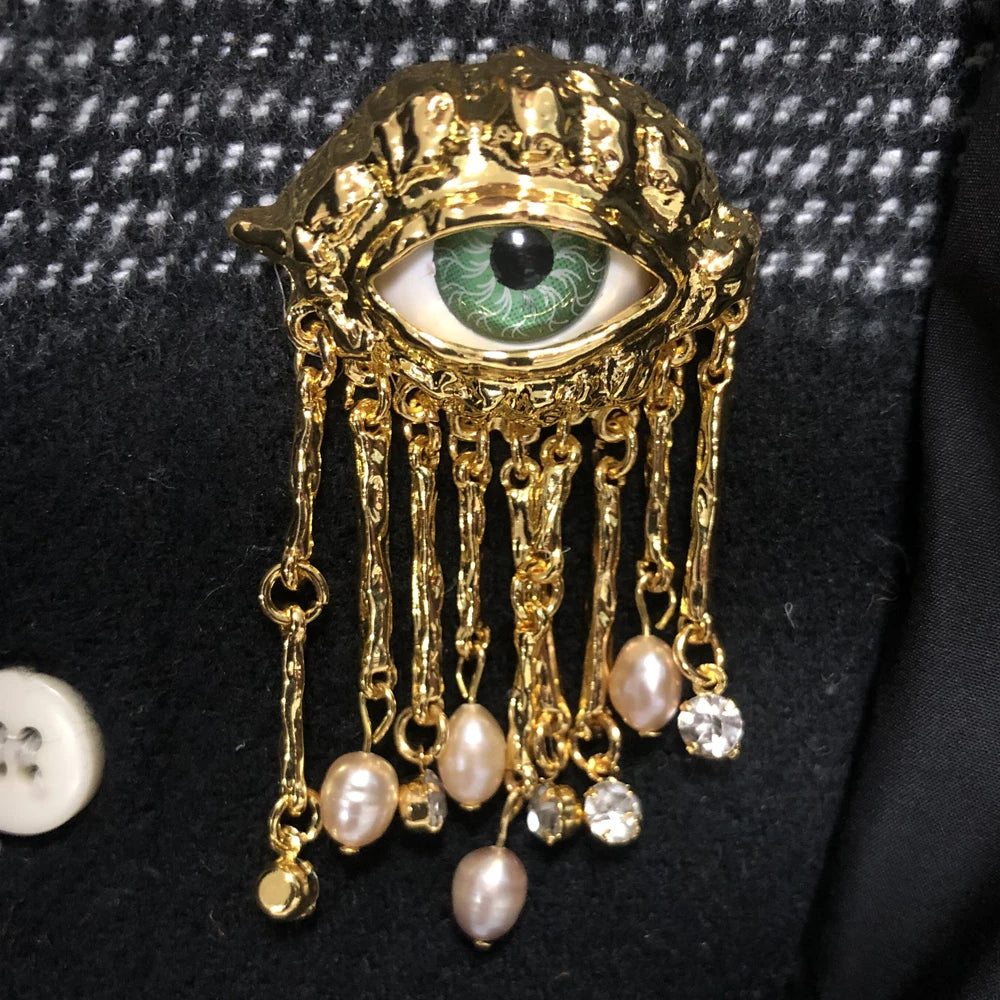 Vintage Gold Powerful Eye with Pearls Brooch