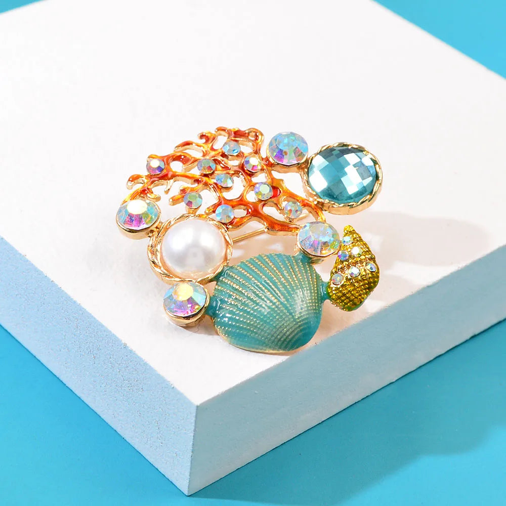 Ocean Coral Reef Pearls and Shells Brooch