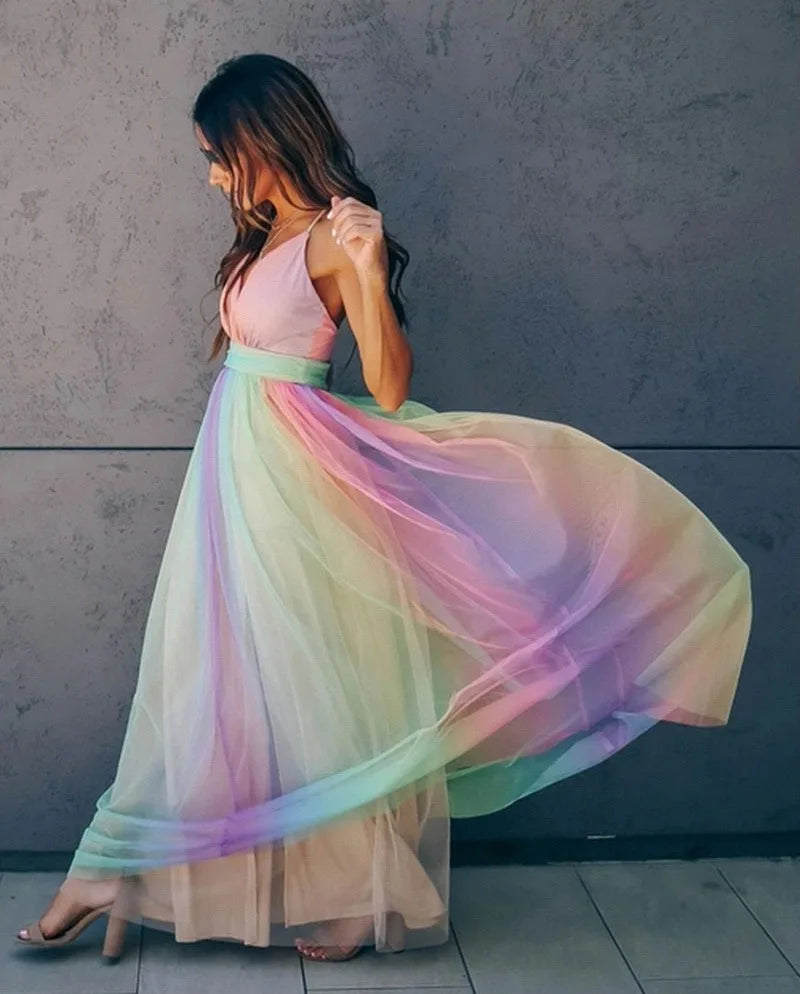 Deep V-neck Rainbow Mesh Dress