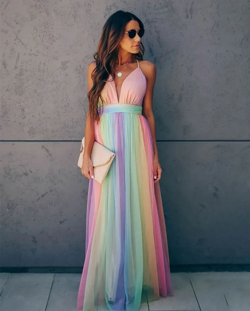 Deep V-neck Rainbow Mesh Dress