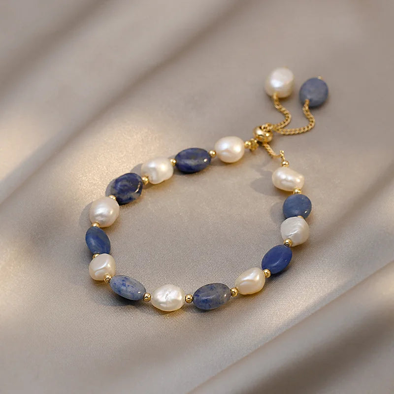 Blue Jade Stone & Baroque Freshwater Pearl Bracelet