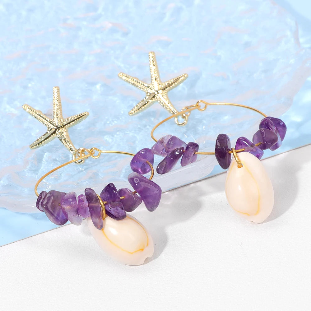 Ocean Sea Shell Starfish Natural Crystal Earrings