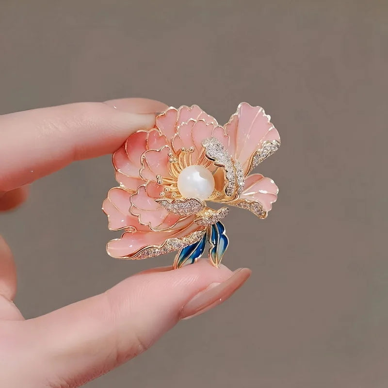 Elegant Pearl Peony Flower Brooches